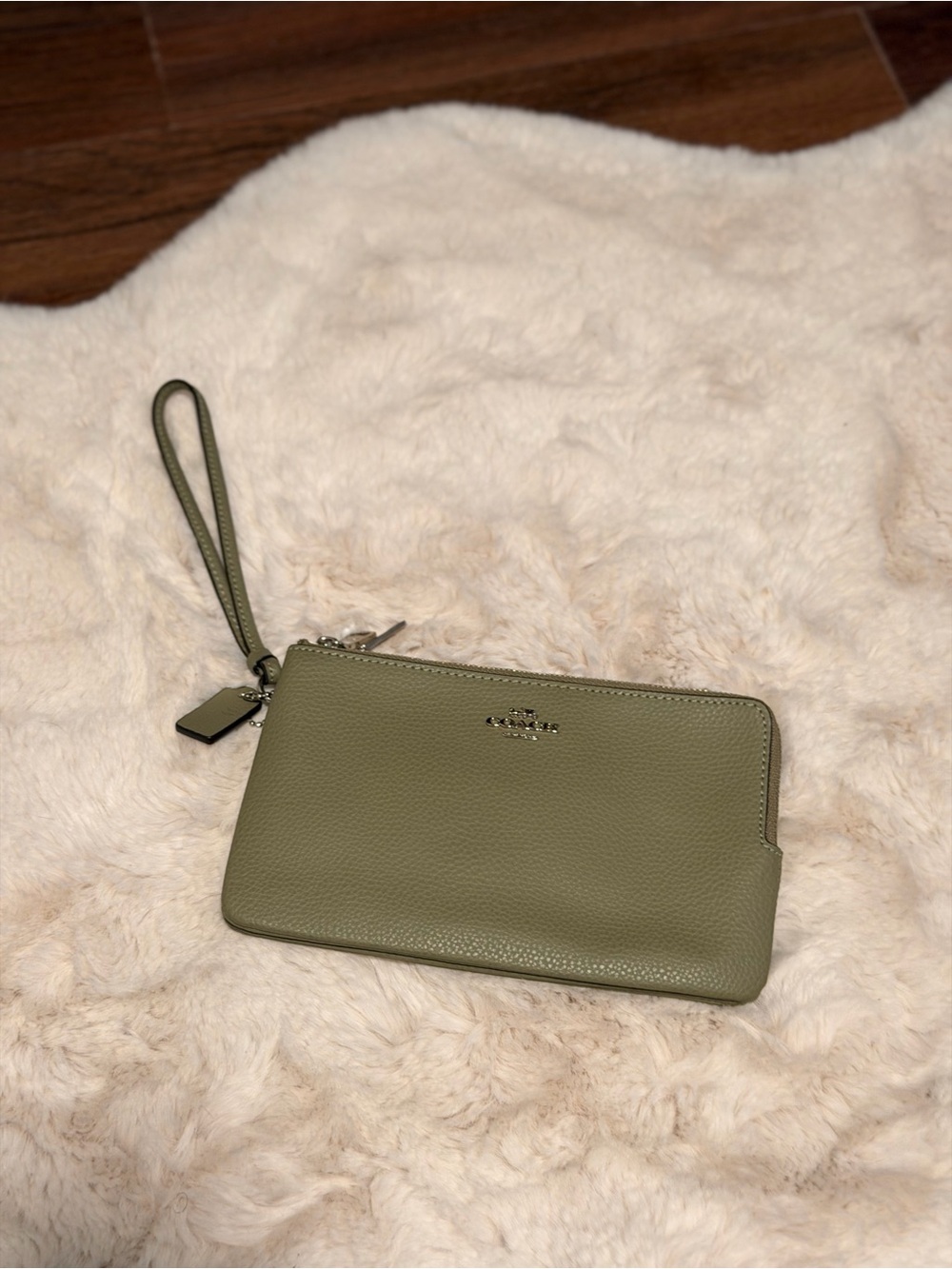 Coach Olive Green Pebbled Leather Wristlet Clutch